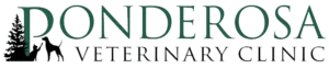 Ponderosa Veterinary Clinic logo with text and images of pine tree, dog, and cat