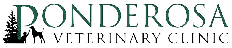 Ponderosa Veterinary Clinic logo with text and images of pine tree, dog, and cat